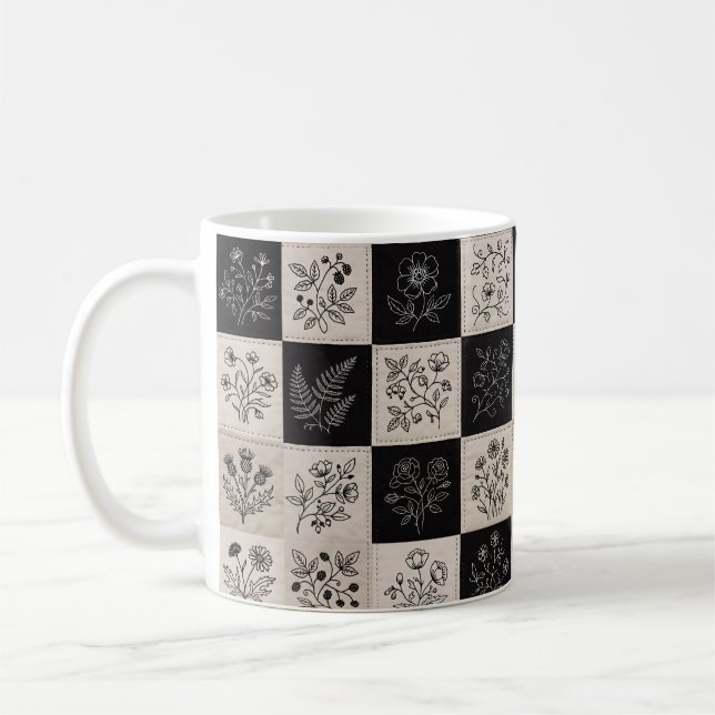 Botanical Floral Leather Look Patchwork Stitched  Kaffeetasse (Links)