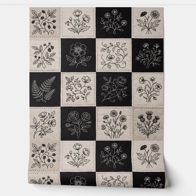Botanical Floral Leather Look Patchwork Stitched Tapete (Abrollen)
