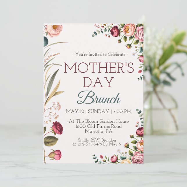 Botanical Floral Mothers Day Brunch Invitation Einladung (Stehend Vorderseite)
