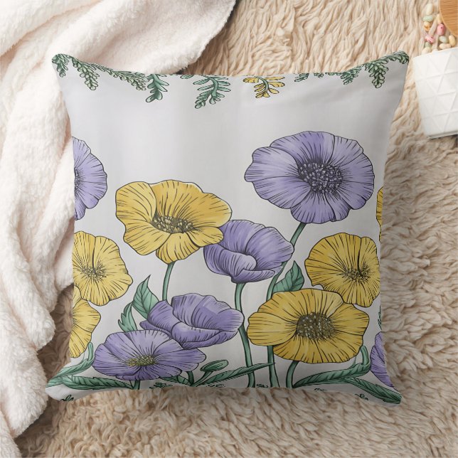 Botanical Floral Pillowcase – Purple & Yellow Hand Kissen (Decke)