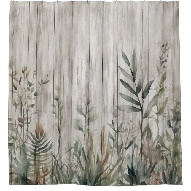 Botanical Foliage Farmhouse Barn Wood look Duschvorhang (Vorderseite)