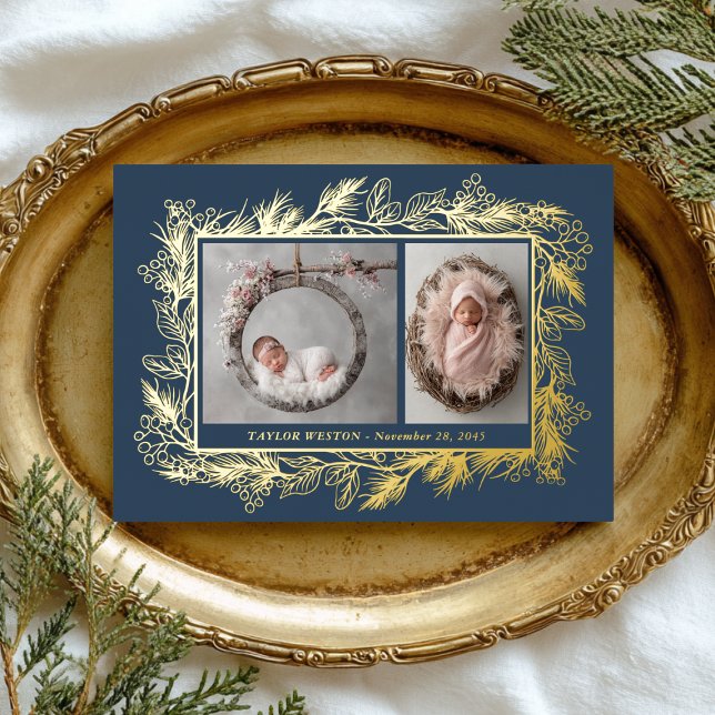 Botanical Frame Blue Winter Foliage New Baby Folien Feiertagskarte (Von Creator hochgeladen)