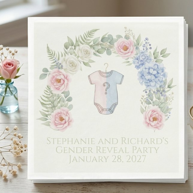 Botanical Gender Reveal Napkin Serviette (Floral gender reveal party paper napkin)