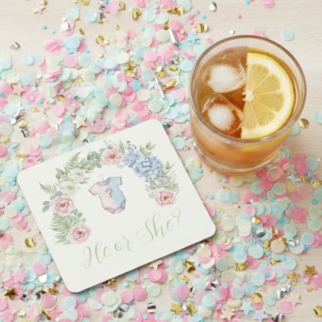 Botanical Gender Reveal Rechteckiger Pappuntersetzer (Gender reveal party drink coaster)