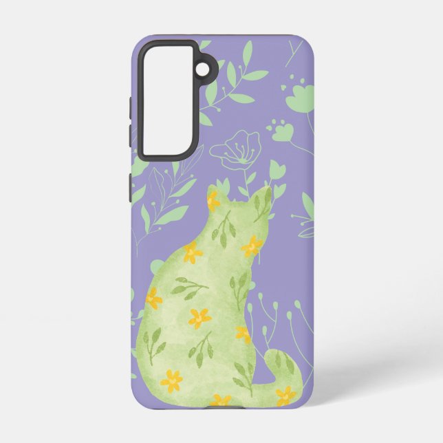 Botanical Green Cat Samsung Case – Purple Floral Galaxy Hülle (Rückseite)