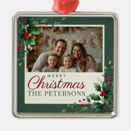 Botanical Green Custom Photo Christmas Ornament Aus Metall