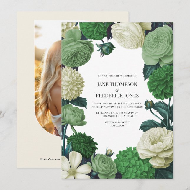 Botanical Green, Fern Shadow & Ivory Bud Wedding Einladung (Vorne/Hinten)