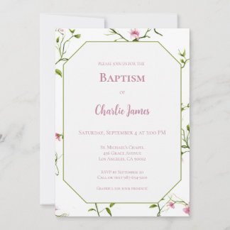 Botanical Green Pink Baptism Invitation