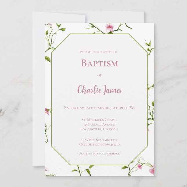 Botanical Green Pink Baptism Invitation (Vorderseite)