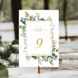 Botanical Green Wedding Gold Glitzer Number 9, Tischnummer<br><div class="desc">Tabelle 9. Bitte Karo alle verfügbaren Nummern. | Diese Hochzeitsfeier Tischnummer zeigt gemalte Aquarell Eukalyptus Grünpflanzen und grüne Blätter mit einem Imitat Gold Glitzer rechteckigen Rahmen,  Text,  und Zahl. Für eine weiter gehende Anpassung dieses Designs klicken Sie bitte auf den BUTTON BLAU DESIGN TOOL oben!</div>