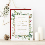 Botanical Greenery Christmas Holiday Gold Wedding Einladung<br><div class="desc">This Christmas wedding invitation features painted watercolor red berries,  pine branches,  eucalyptus,  green leaves,  and a faux gold rectangular frame with a red background on the back. For more advanced customization of this design,  please click the "Customize further" link. Matching items are also available.</div>