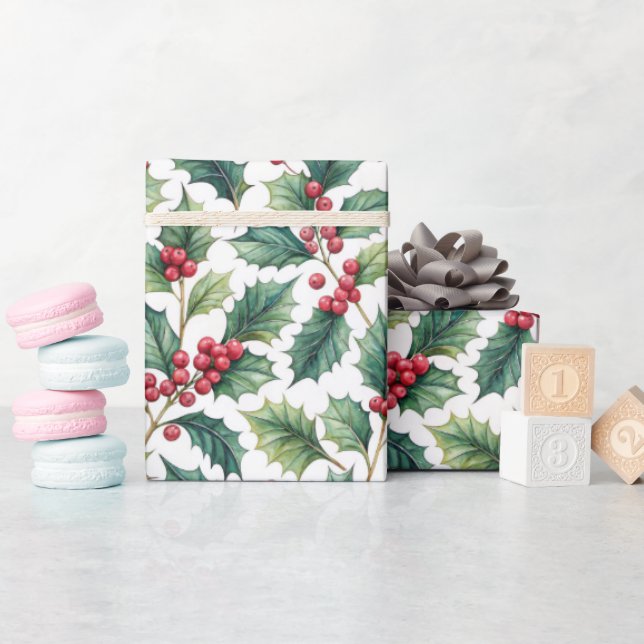Botanical Greenery Holly and Cherries Holiday  Geschenkpapier (Babyparty)