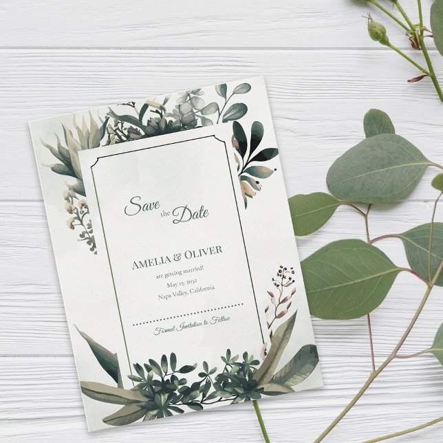 Botanical Greenery Sage Green Garden Wedding Ankündigungspostkarte (Botanical Greenery Save the Date | Elegant Sage Green Garden Wedding Announcement)