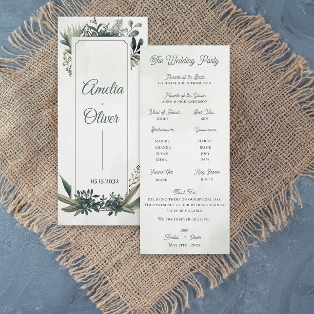 Botanical Greenery Wedding Ceremony Program Card  Einladung (Elegant Botanical Greenery Wedding Program Card | Sage Green Foliage Ceremony Program)
