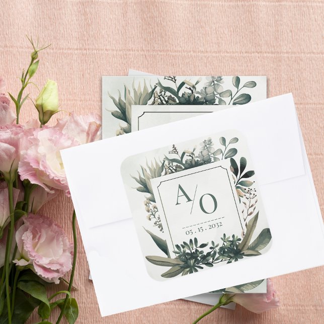 Botanical Greenery Wedding Monogram  Quadratischer Aufkleber (Botanical Greenery Wedding Monogram Envelope Seal | Sage Green Initials Wedding Sticker)