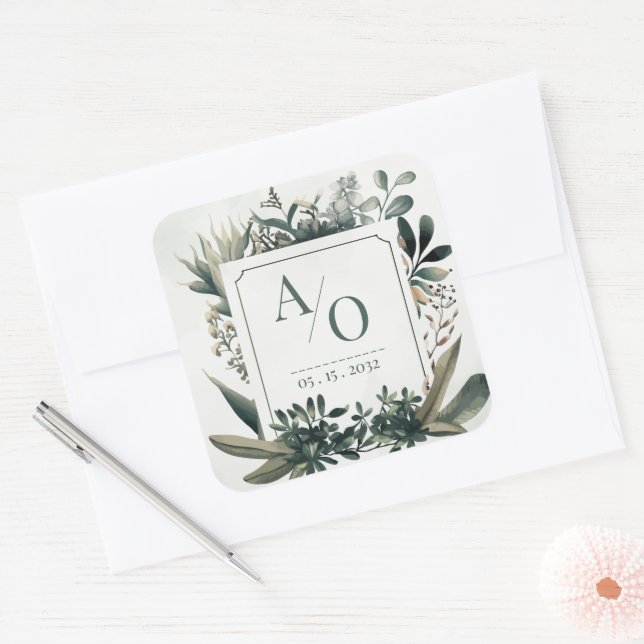Botanical Greenery Wedding Monogram  Quadratischer Aufkleber (Umschlag)
