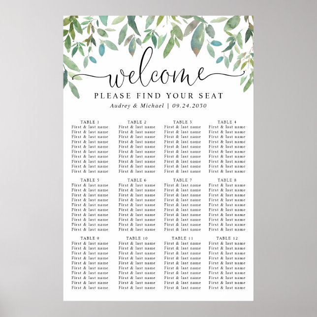 Botanical Greenery Welcome Wedding Seating Chart Poster (Vorne)