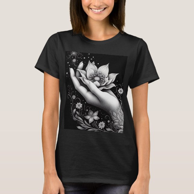 Botanical Hand Etching with Falling Petals Canvas T-Shirt (Vorderseite)