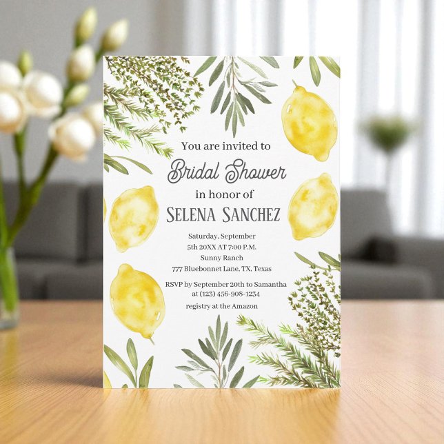 Botanical Herbs Lemons Watercolor Bridal Shower  Einladung (Von Creator hochgeladen)