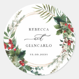 Botanical Holiday Greenery Red Berries Wedding Runder Aufkleber