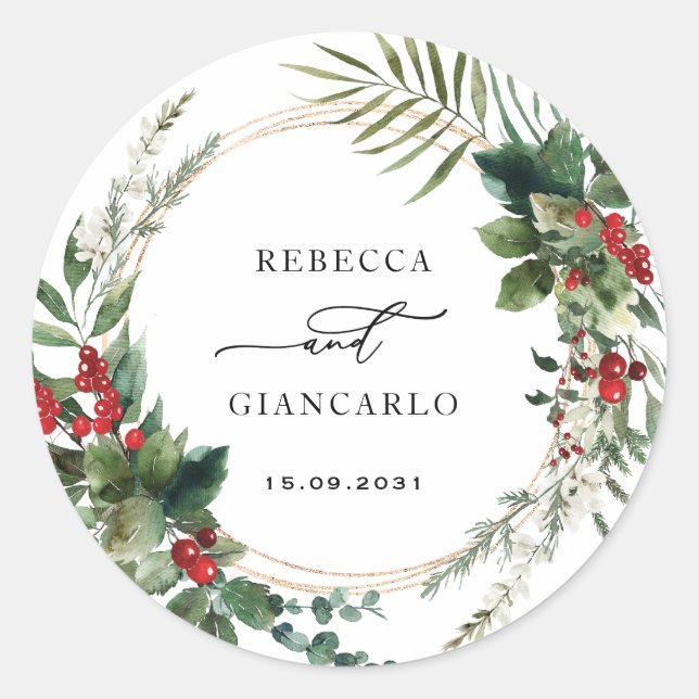 Botanical Holiday Greenery Red Berries Wedding Runder Aufkleber (Vorderseite)