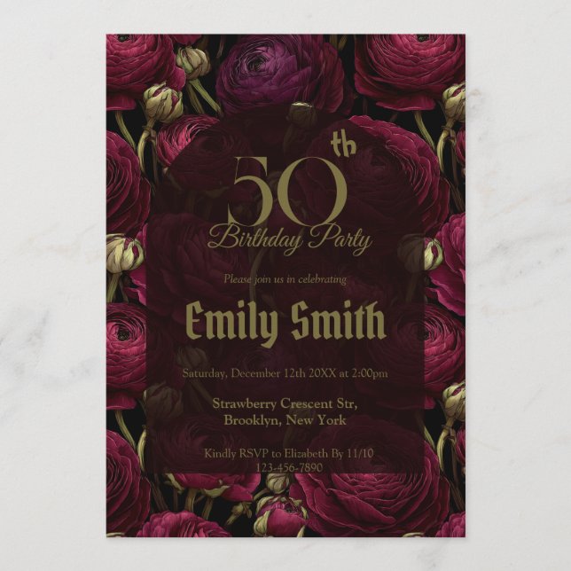 Botanical Inspired Ranunculus Themed 50Th Birthday Einladung (Vorderseite)