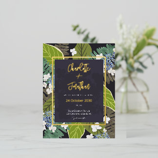 Botanical Leaf and Hydrangea Petals Save The Date Folie Einladungspostkarte
