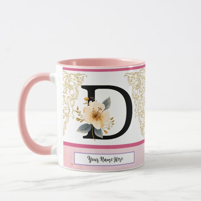 Botanical Letter D Mug – Soft Floral Initial with  Tasse (Links)