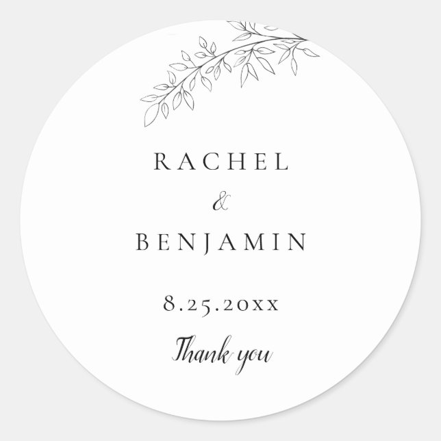 Botanical Minimalist Wedding Thank you Black White Runder Aufkleber (Vorderseite)