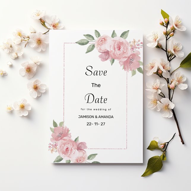 Botanical mint pastel pink floral Save The Date Einladung (Botanical mint pastel pink floral Save The Date)