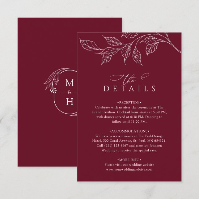 Botanical Monogram Wedding Details Burgundy Begleitkarte (Vorne/Hinten)