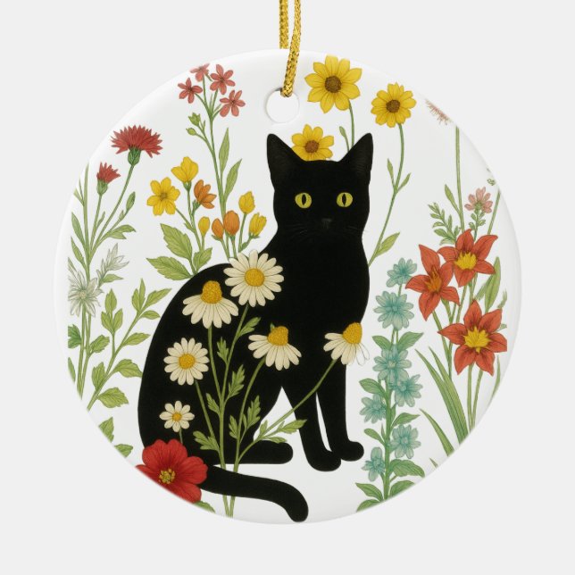 Botanical Nature – Black Cat in Wildflower Garden Keramik Ornament (Vorne)