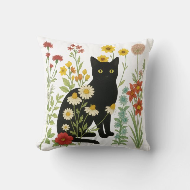 Botanical Nature – Black Cat in Wildflower Garden Kissen (Vorderseite)