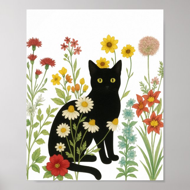 Botanical Nature – Black Cat in Wildflower Garden Poster (Vorne)