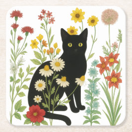 Botanical Nature – Black Cat in Wildflower Garden Rechteckiger Pappuntersetzer