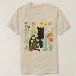 Botanical Nature – Black Cat in Wildflower Garden T-Shirt