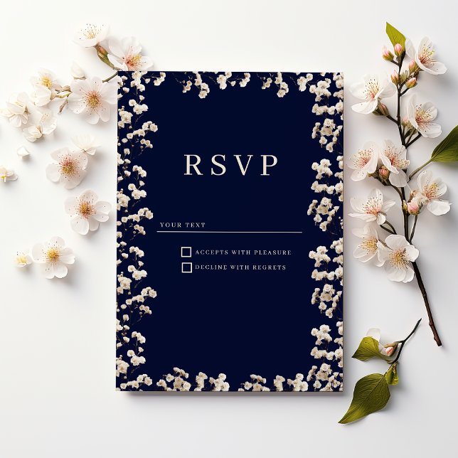 Botanical navy blue ivory gypsophila floral RSVP  Einladung (Botanical navy blue ivory gypsophila floral RSVP)