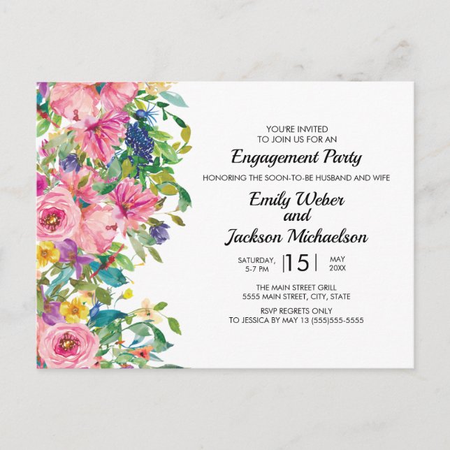 Botanical Pink Blue Watercolor Floral Engagement Postkarte (Vorderseite)