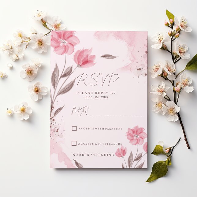 Botanical pink brown watercolor floral RSVP  Einladung (Botanical pink brown watercolor floral RSVP)