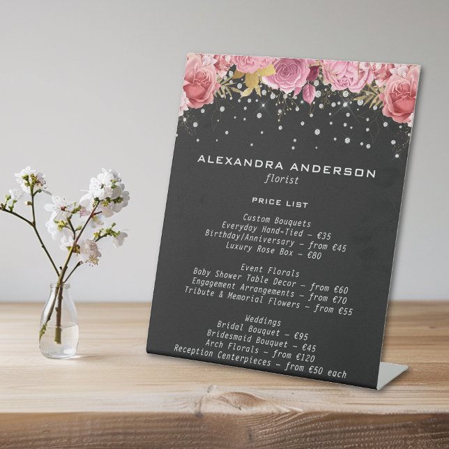 Botanical Pink Flowers Diamond Glitter Black Salon Sockelschild (Botanical Pink Flowers Diamond Glitter Black Salon Pedestal Sign)
