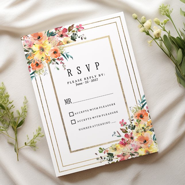 Botanical pink orange gold floral country RSVP Einladung (Botanical pink orange gold floral country RSVP)