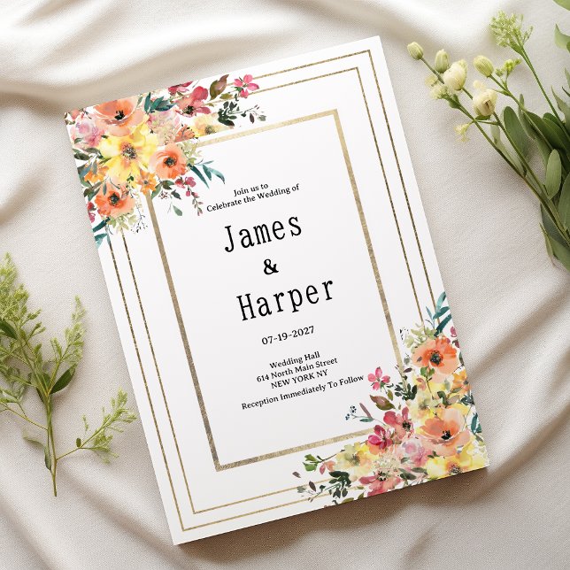 Botanical pink orange gold floral country Wedding  Einladung (Botanical pink orange gold floral country Wedding )