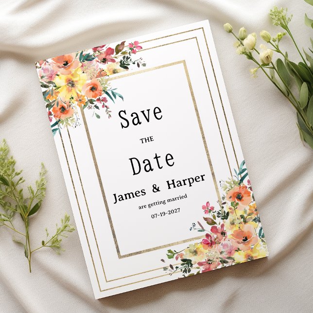 Botanical pink orange gold floral Save the Date Einladung (Botanical pink orange gold floral Save the Date)