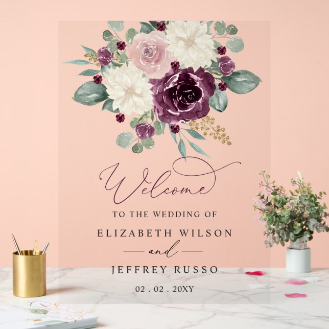 Botanical Plum Floral Wedding Welcome Sign Acrylschild (Hochzeit)