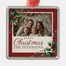 Botanical Red Custom Photo Christmas Ornament Aus Metall