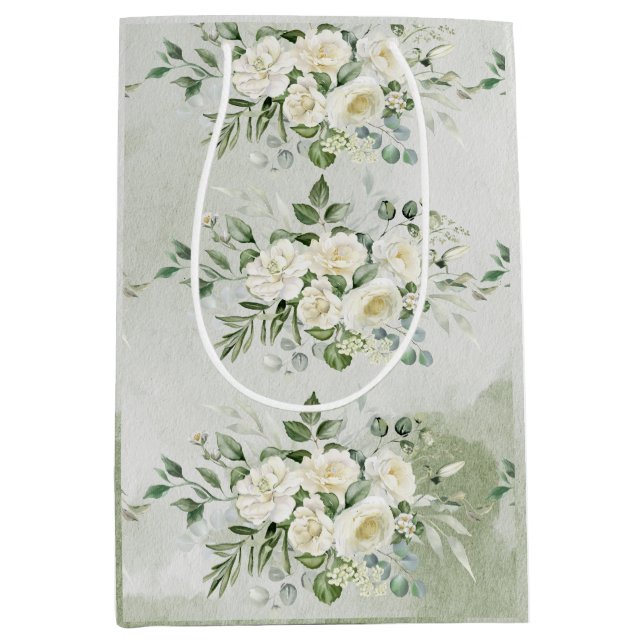 Botanical Soft Sage Green Floral Garden Wedding  Mittlere Geschenktüte (Vorderseite)