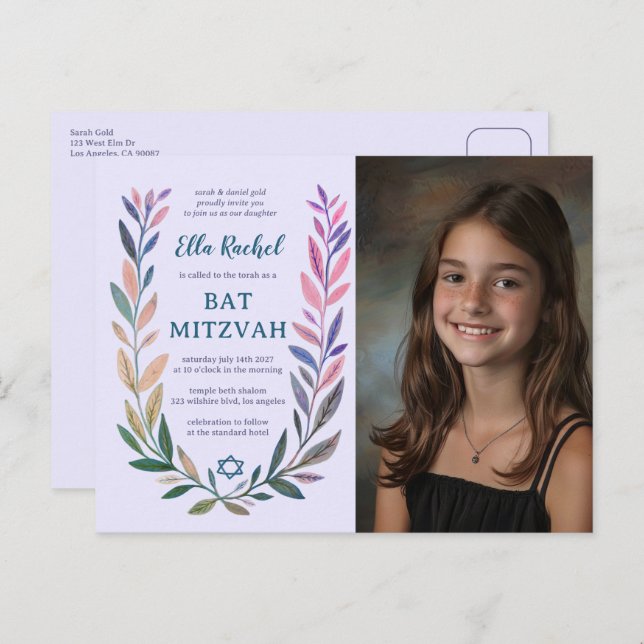 Botanical Watercolor CUSTOM PHOTO Bat Bar Mitzvah Postkarte (Vorne/Hinten)