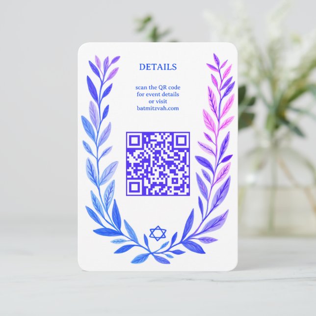 Botanical Watercolor CUSTOM QR Bar Bat Mitzvah Begleitkarte (Stehend Vorderseite)