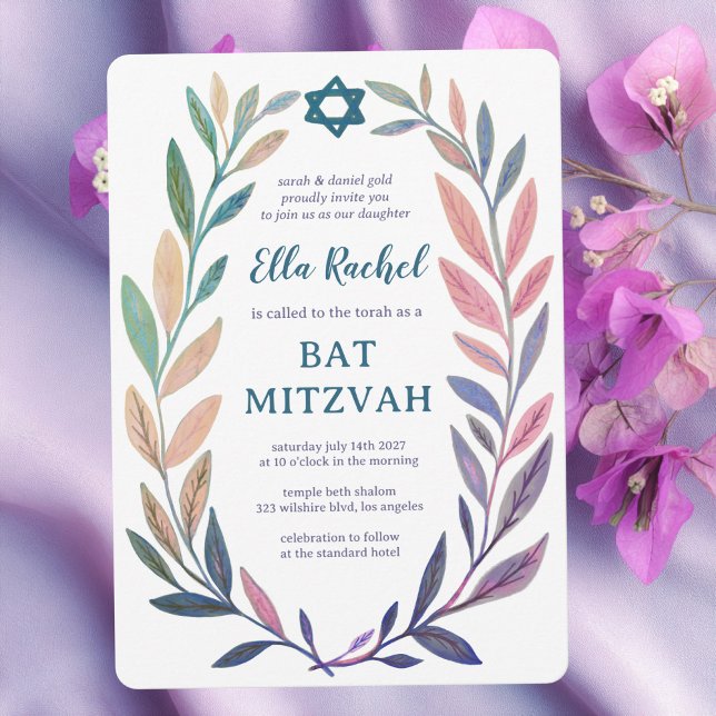 Botanical Watercolor Star of David Bar Bat Mitzvah Einladung (Botanical Watercolor Star of David Bar Bat Mitzvah Invitation
Purple Pink Vines)