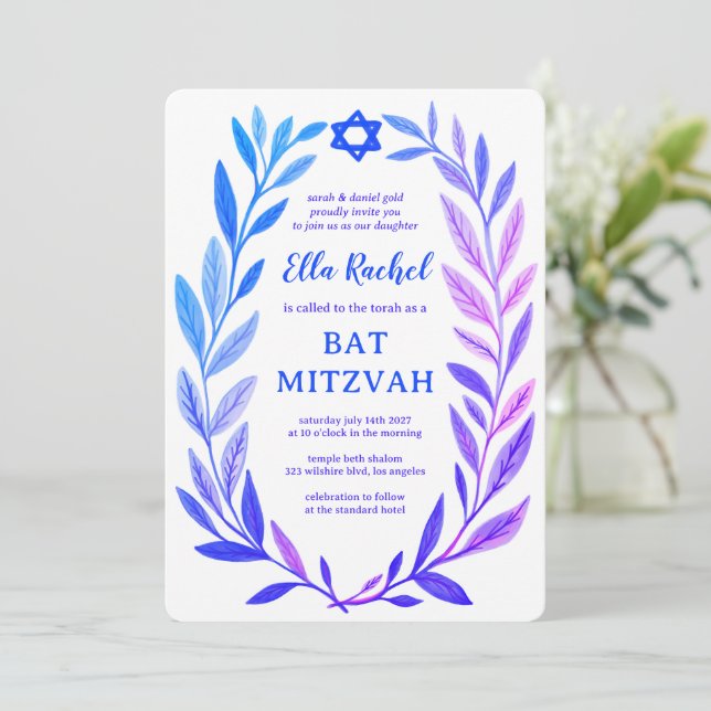 Botanical Watercolor Star of David Bar Bat Mitzvah Einladung (Stehend Vorderseite)